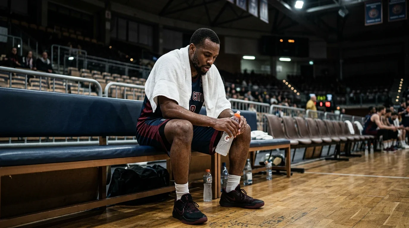 Jugador de baloncesto de la Euroliga sentado en el banquillo con toalla tras un esfuerzo