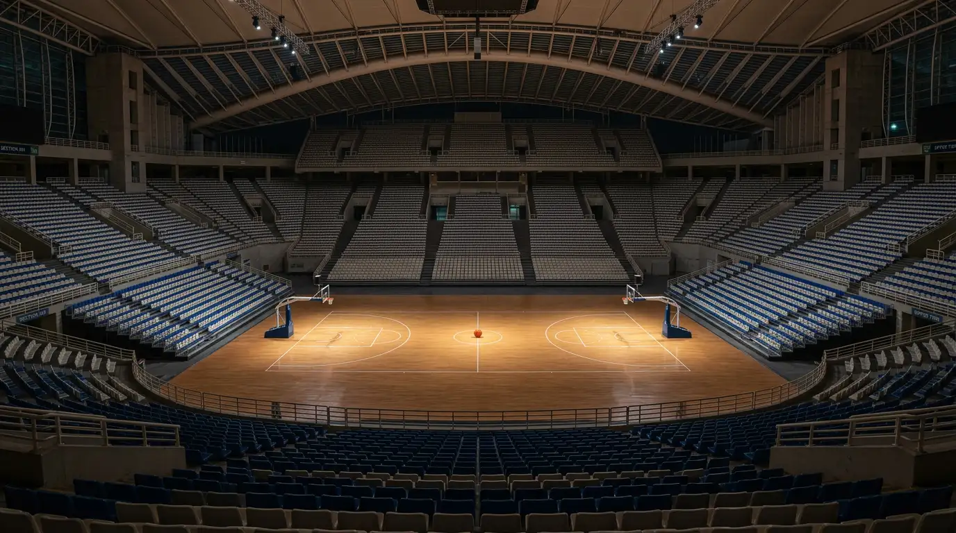 Vista panorámica del pabellón de baloncesto Telekom Center Athens preparado para la Final Four de la Euroliga