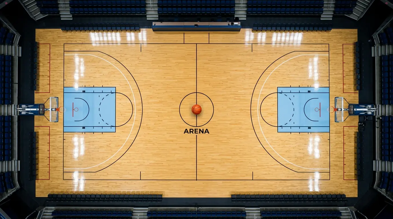 Pista de baloncesto profesional vista desde arriba con marcas reglamentarias de la Euroliga durante la fase regular